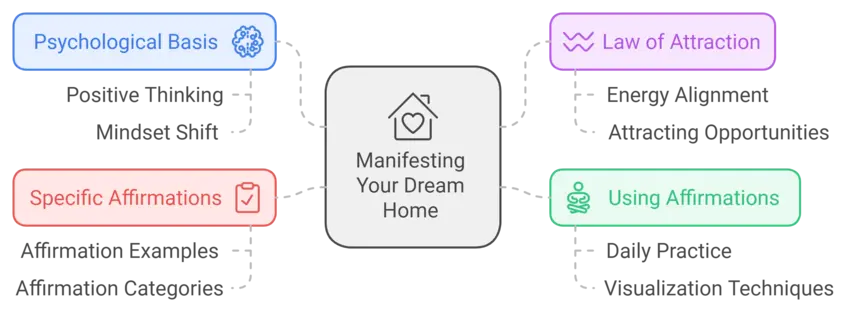 Mind map of manifesting your dream home, highlighting psychological basis, law of attraction, and affirmations.