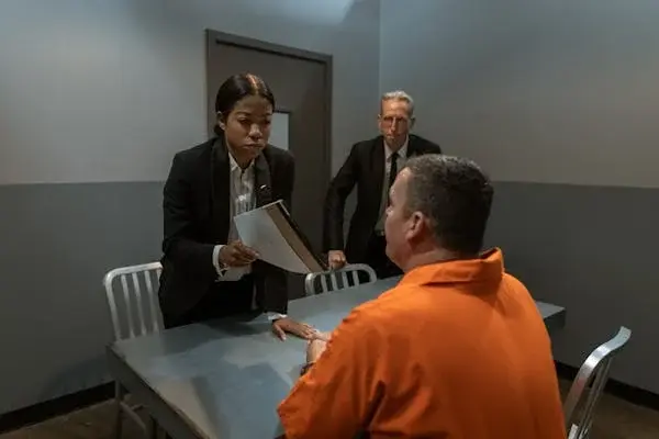 A defense attorney and investigator discussing legal documents with a client dressed in an orange prison uniform during a courtroom preparation