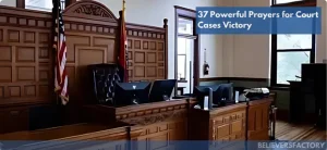 An empty courtroom featuring a judge's bench, American flags, and wooden decor, symbolizing the legal environment and the pursuit of justice.