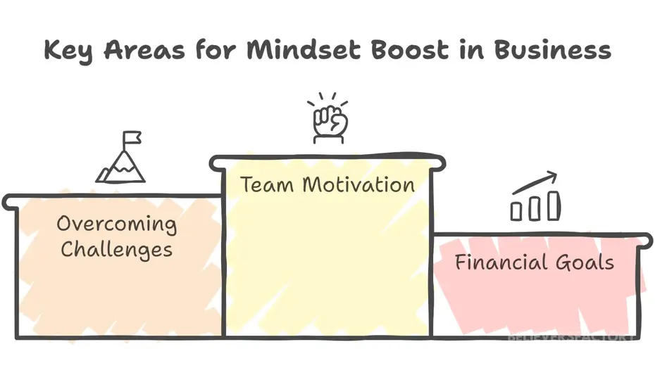 Illustrated icons of key areas for mindset boost in business: overcoming challenges, team motivation, financial goals.