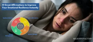 Woman lying on a couch looking distressed, with an infographic showing components of mental resilience, including stress management, affirmations, mental strength, and a resilient mindset.