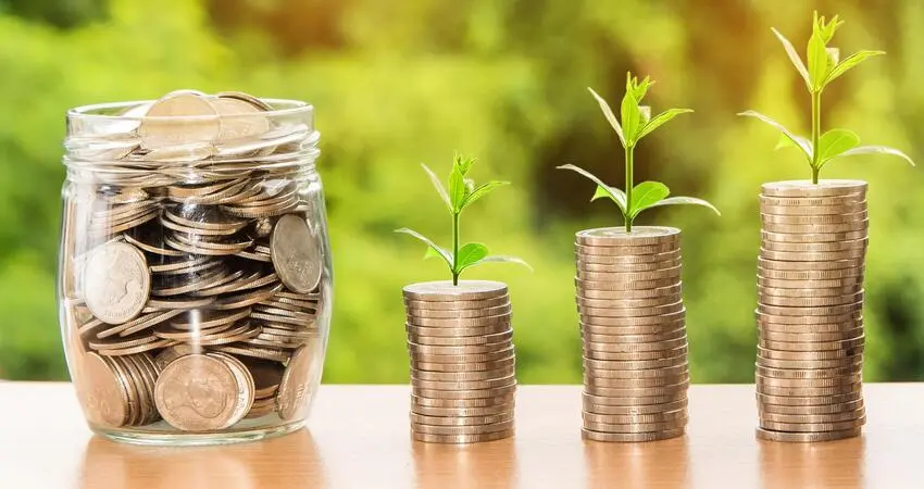 Stacks of coins with growing plants next to a jar of coins, symbolizing building wealth.