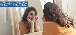 Woman looking at the mirror and and smiling. While admiring herself. Expressing self-love