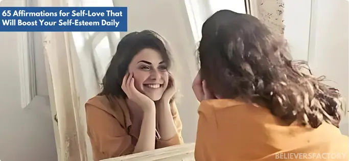 Woman looking at the mirror and and smiling. While admiring herself. Expressing self-love