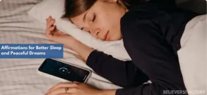 Woman sleeping peacefully in bed with smartphone beside her, listening to affirmation reel
