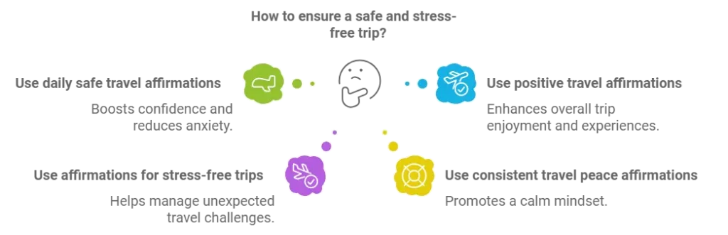 Infographic on using travel affirmations for a safe, stress-free trip by boosting confidence, managing challenges, and staying calm.