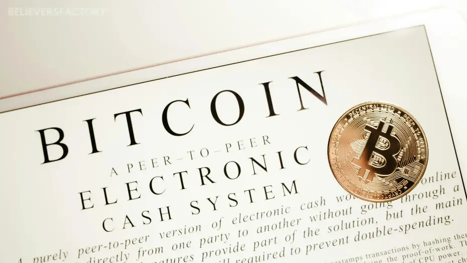 Close-up of a physical Bitcoin on a document titled 'Bitcoin, a peer-to-peer electronic cash system' to illustrate blockchain technology in financial innovations.