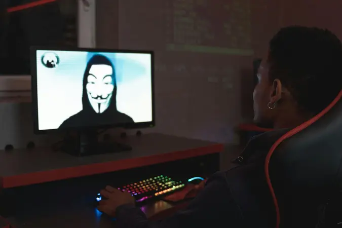 A person facing a computer showing a masked hacker, representing security threats related to Facebook Login