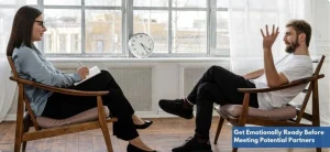 Man discussing personal challenges with therapist to become emotionally ready for meeting potential partners.