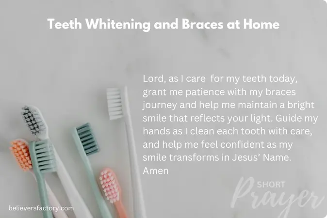 Aesthetic flatlay of colorful toothbrushes on a marble surface with a short Christian prayer for patience and confidence during teeth whitening and braces care.