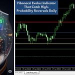 A trader sits at a desk inside a snow globe, surrounded by monitors displaying charts, with a glowing "Fibonacci Evoke" sign. And a chart showing a trading setup with Fibonacci levels, demonstrating how the Fibonacci Evoke indicator helps identify high-probability reversals daily.