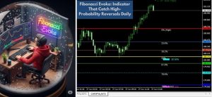 A trader sits at a desk inside a snow globe, surrounded by monitors displaying charts, with a glowing "Fibonacci Evoke" sign. And a chart showing a trading setup with Fibonacci levels, demonstrating how the Fibonacci Evoke indicator helps identify high-probability reversals daily.