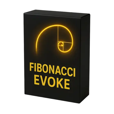 3D mock-up of Fibonacci Evoke forex indicator packaging with a golden Fibonacci spiral and bold lettering on a sleek black box.