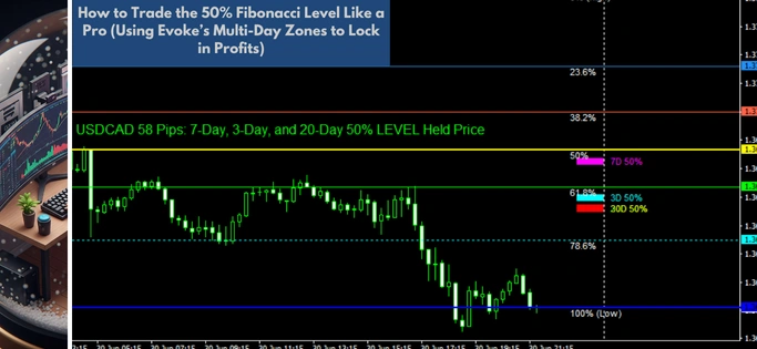 A USDCAD chart demonstrating a 58-pip profit as the price held at confluence of 7-Day, 3-Day, and 20-Day 50% Fibonacci Evoke levels, highlighting the strength of multi-timeframe analysis.