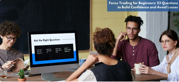 A group of beginner forex traders discussing essential trading questions around a desktop screen during a learning session