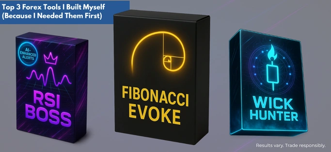 3D mock-up of RSI Boss, Fibonacci Evoke, and Wick Hunter, custom-built Forex indicators for confirmation, pullback entries, and wick rejections. Designed by a trader for real MT4/MT5 performance.