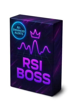3D packaging mock-up of the RSI Boss indicator with electric purple and neon cyan accents design, symbolizing institutional-grade precision for technical traders.