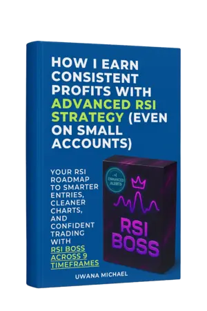 3D ebook cover mock-up of "How I Earn Consistent Profits with Advanced RSI Strategy (Even on Small Accounts)" by Uwana Michael, featuring bold white and green title text, a purple RSI Boss software box graphic.