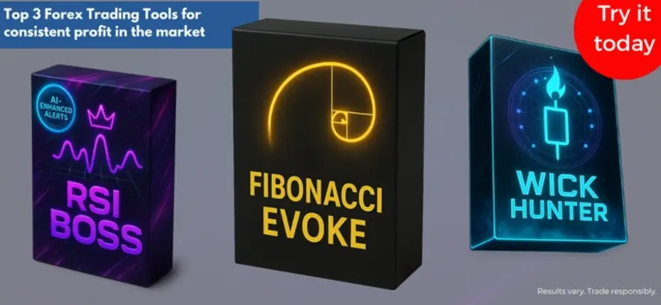 A 3D mockup display featuring top Forex trading tools including RSI Boss, Fibonacci Evoke, and Wick Hunter, designed for beginner traders exploring reliable strategies.